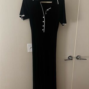 Black Ribbed Midi Polo Dress with White Trim
